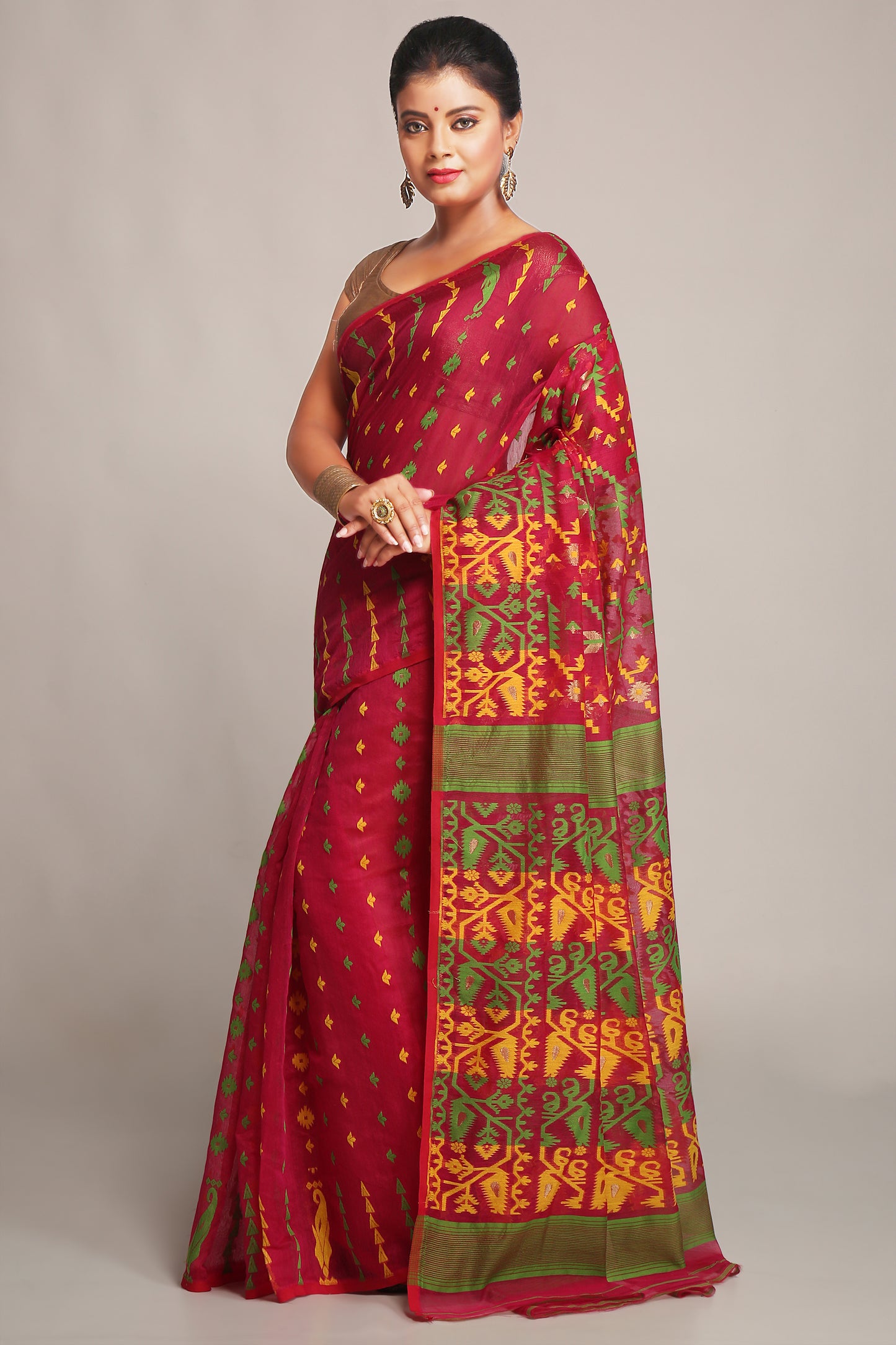 Cotton Silk Dhakai Soft Pink Green Jamdani Sarees