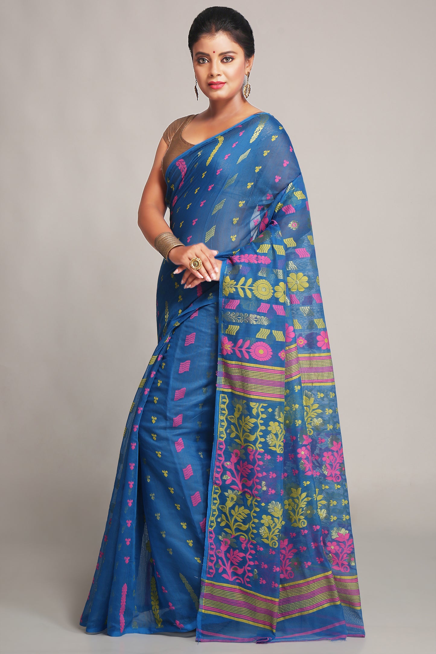 Cotton Silk Dhakai Soft Belpata Sky Pink Jamdani Saree