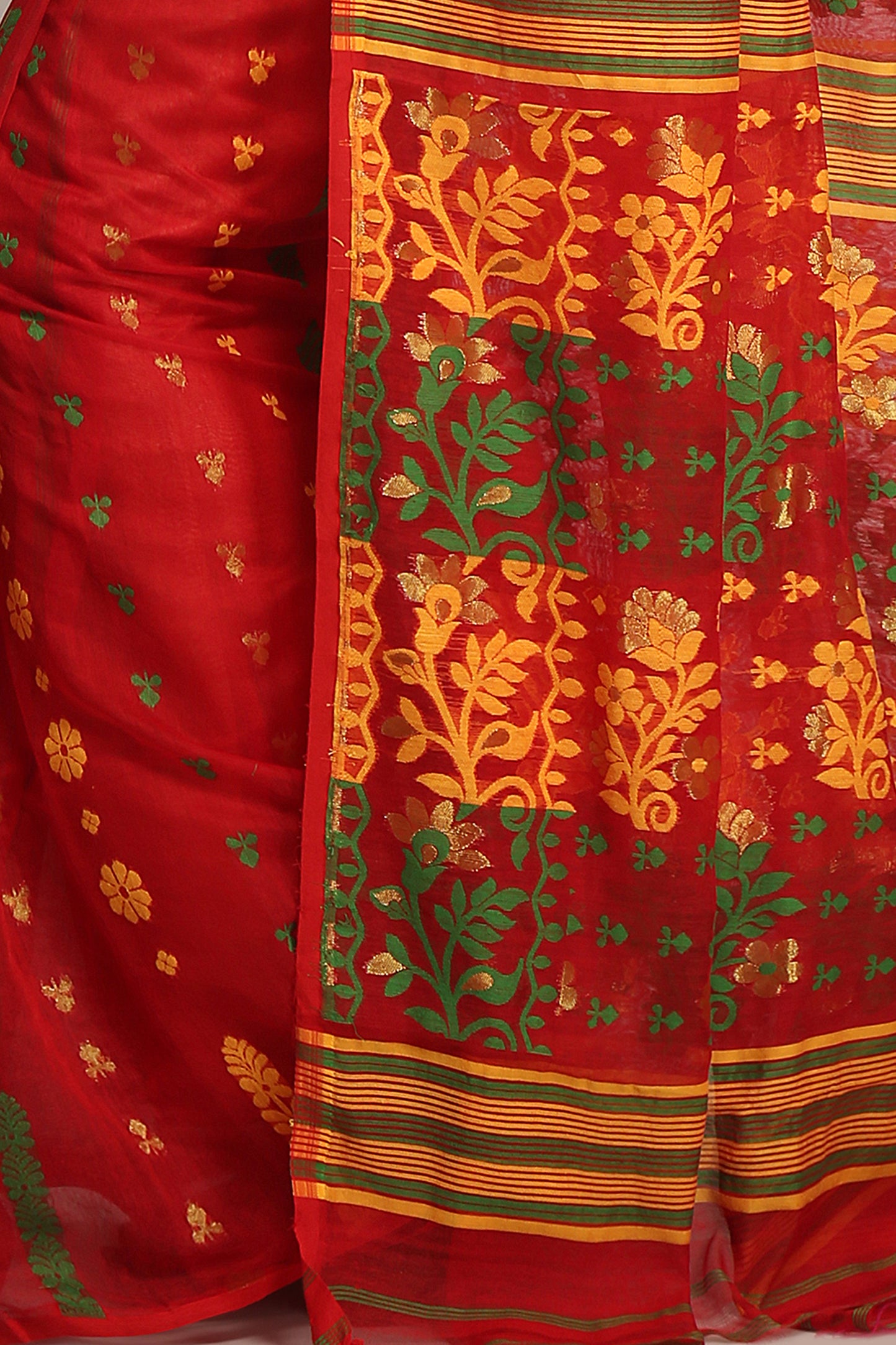Cotton Silk Dhakai Soft Belpata Pink Yellow Jamdani Sarees