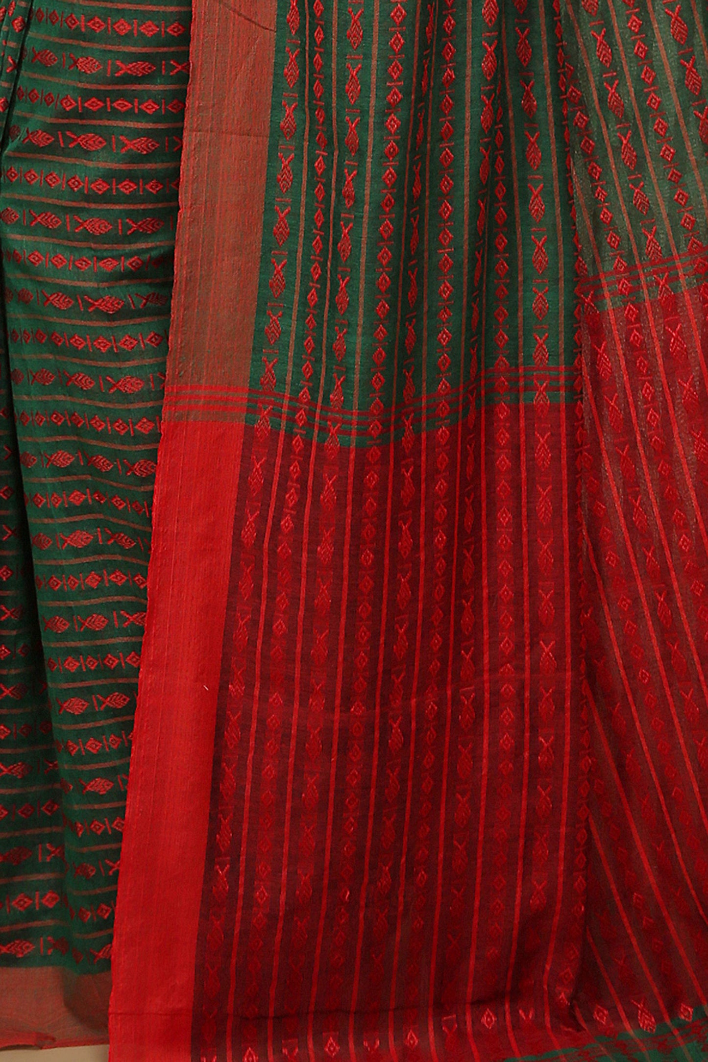 All over fish motive cotton saree (Green Red)