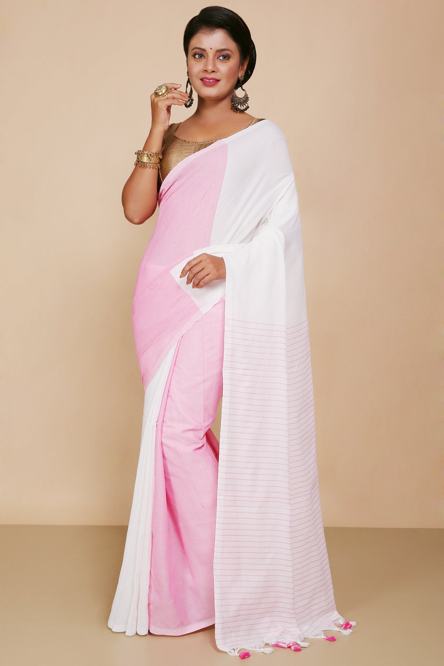 Cotton two-colour molmol Saree With Blouse Piece (White Pink)