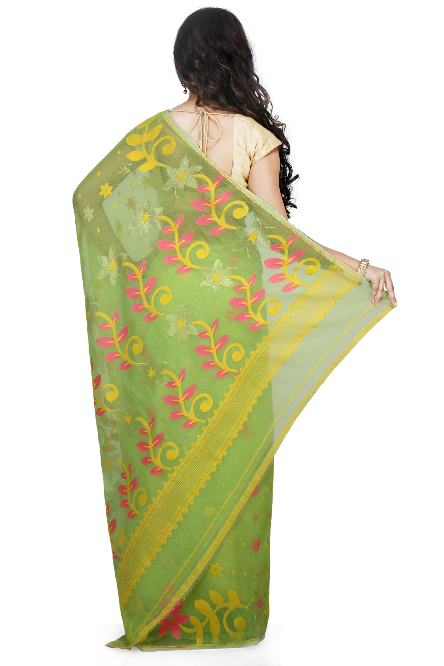 Cotton Silk Flower Dhakai Allover Soft Jamdani Sarees (Green)