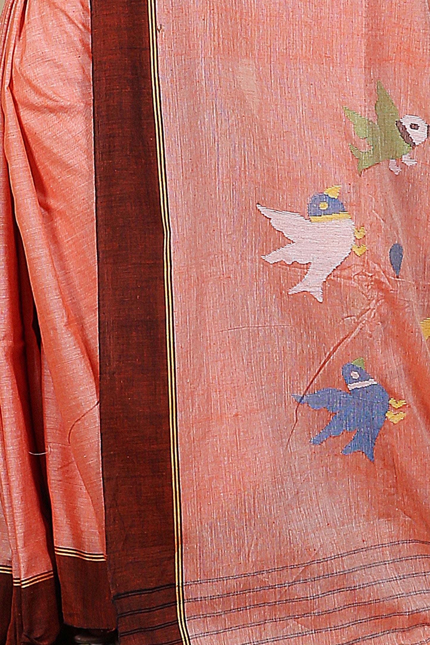 Handspun cotton jamdani weaving geometric and floral motifs saree (Orange)