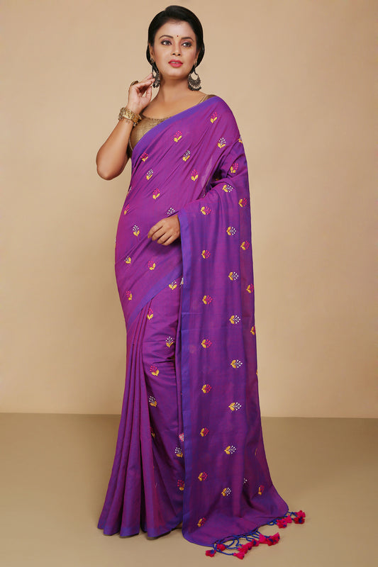 Lamp Embroidery Cotton saree With Blouse Piece (Violet)