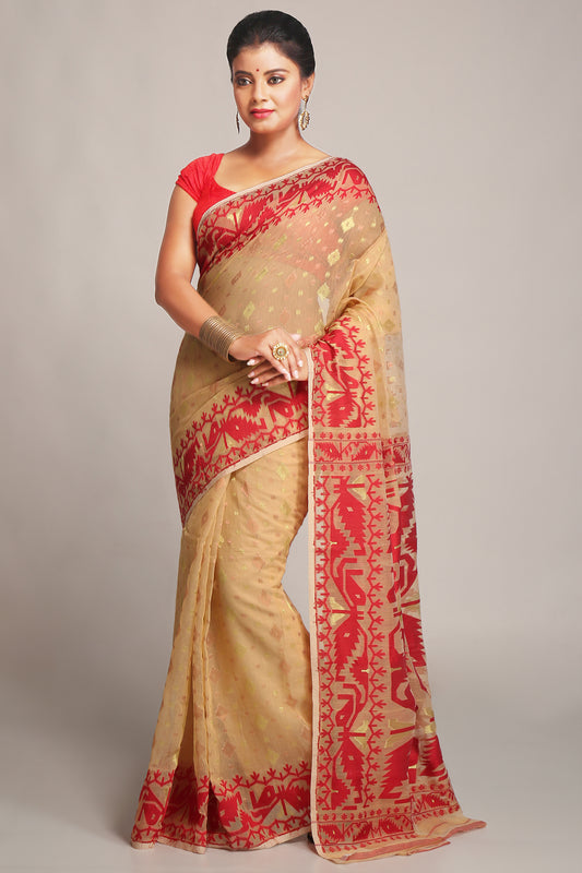 Cotton Silk Softs Dhakai Jamdani Sarees. (Desert & Red)
