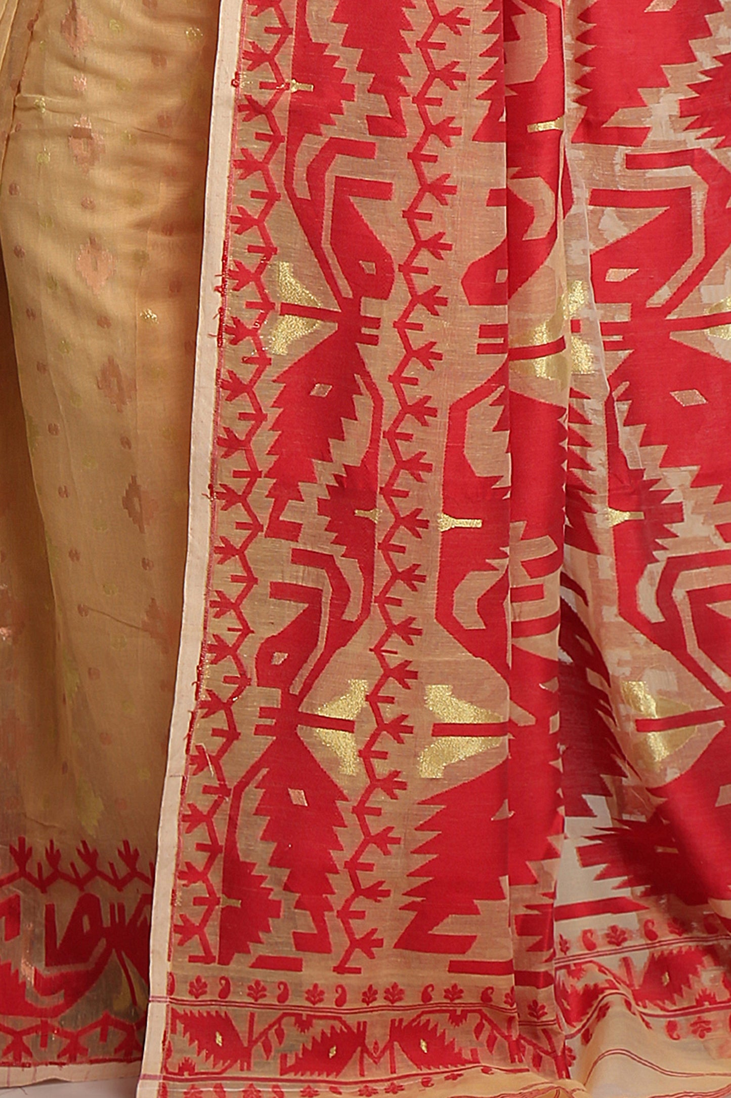 Cotton Silk Softs Dhakai Jamdani Sarees. (Desert & Red)