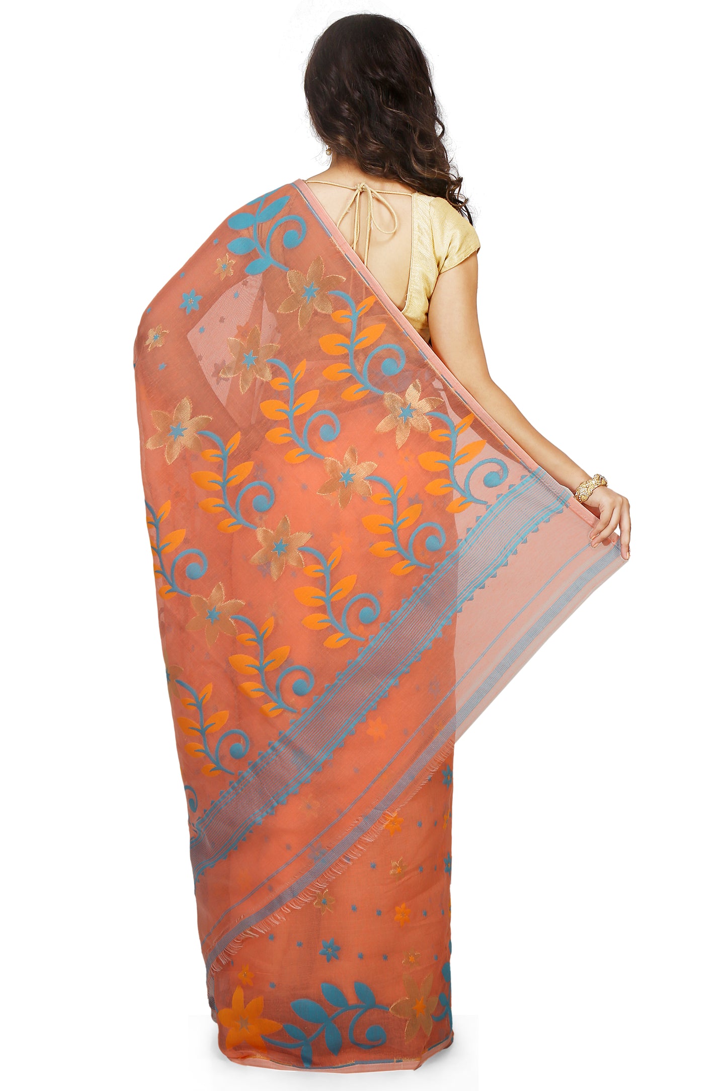 Cotton Silk Flower Dhakai Allover Soft Jamdani Sarees (Orange)