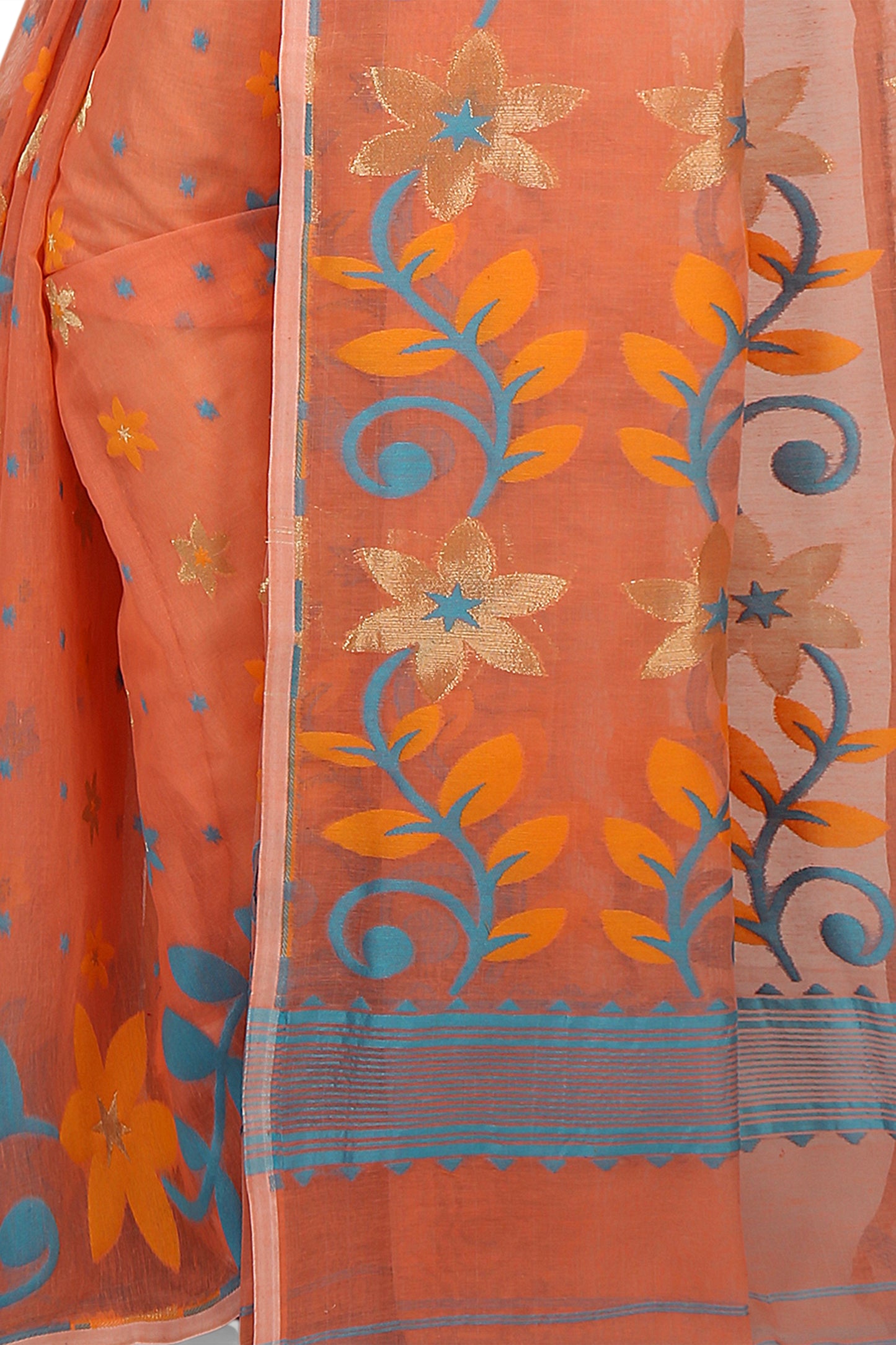 Cotton Silk Flower Dhakai Allover Soft Jamdani Sarees (Orange)