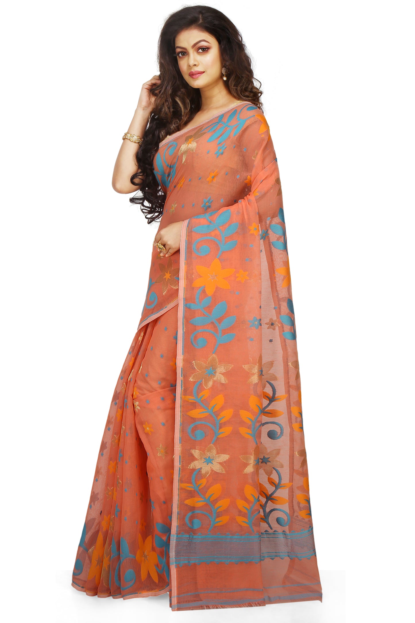 Cotton Silk Flower Dhakai Allover Soft Jamdani Sarees (Orange)