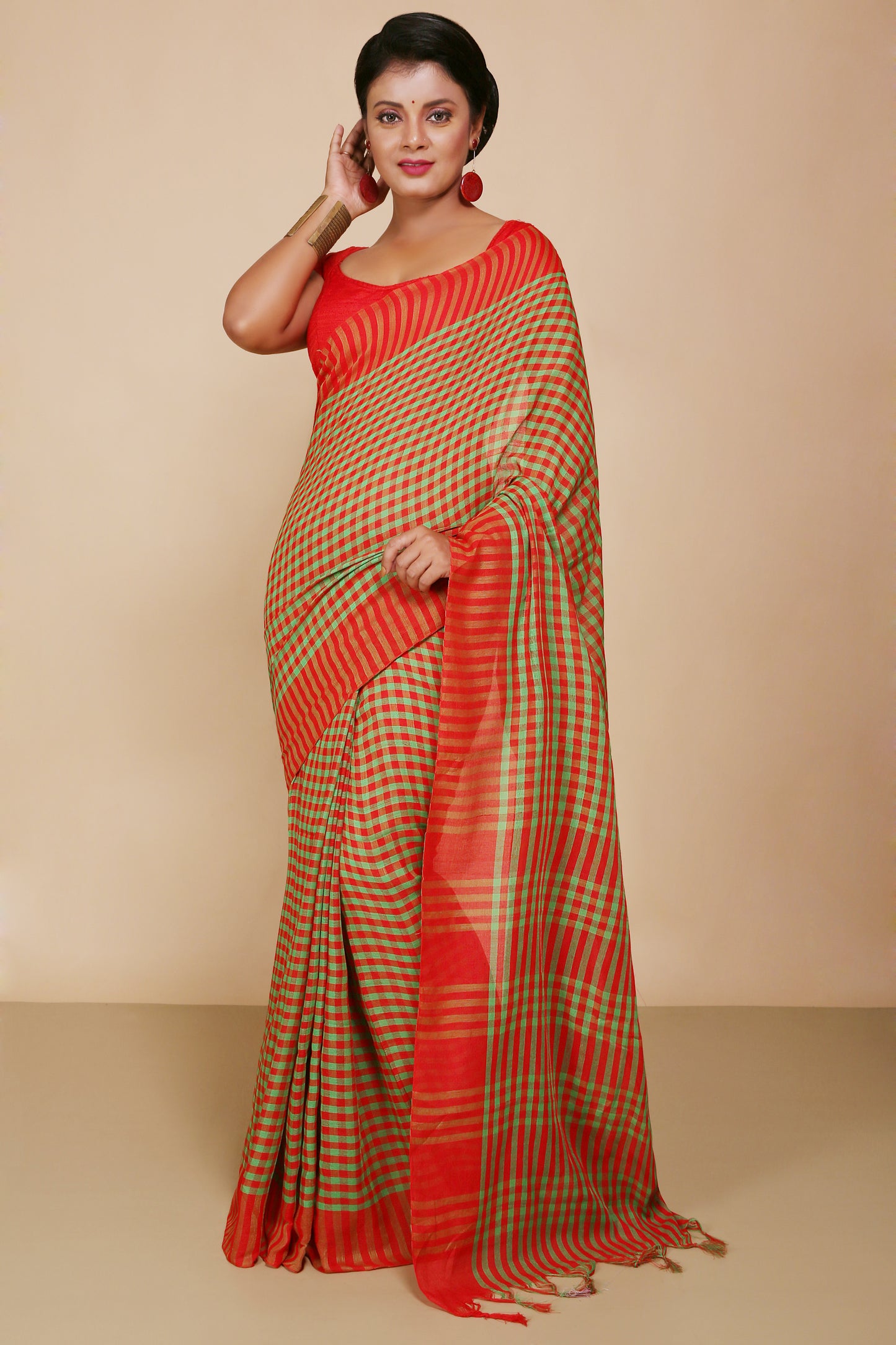 Cotton Check Saree With Blouse Piece (Red Green)